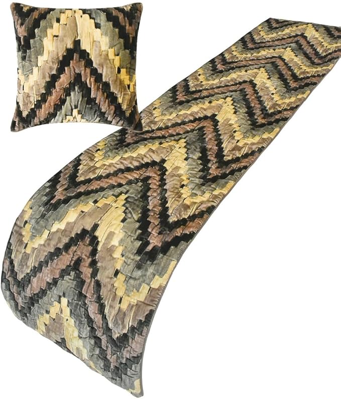 The HomeCentric King/Queen/Twin Beige Designer CA King 86"x18" Bed Runner with 2 Pillow Cover, Abstract, Chevron, Quilted Bed Scarf on Suede Velvet Fabric - Paramount