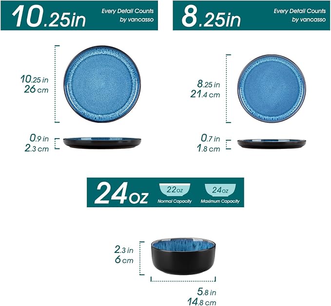 vancasso PLAYA Plates and Bowls Sets, 24 Pieces Blue Dinnerware Sets