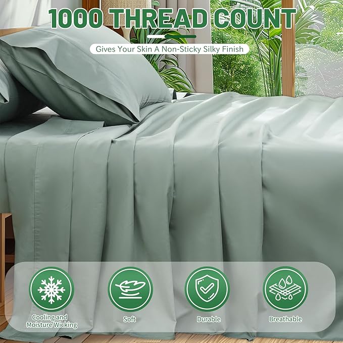 100% Egyptian Cotton Sheets Cal King Sheet Set 1000 Thread Count Sateen Weave Soft Breathable 16-Inch Deep Pocket 4PCS（California King,Sage Green）