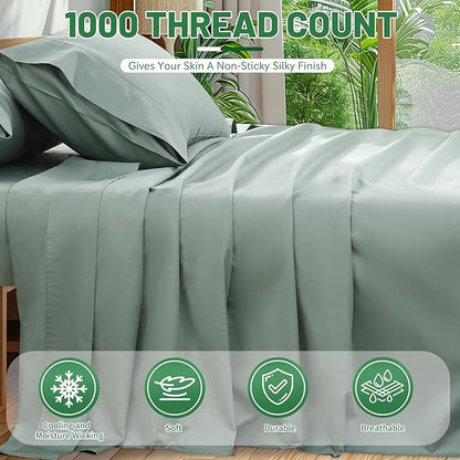 100% Egyptian Cotton Sheets King Size 1000 Thread Count Sateen Weave Soft Breathable 16-Inch Deep Pocket 4PCS（King,Sage Green）