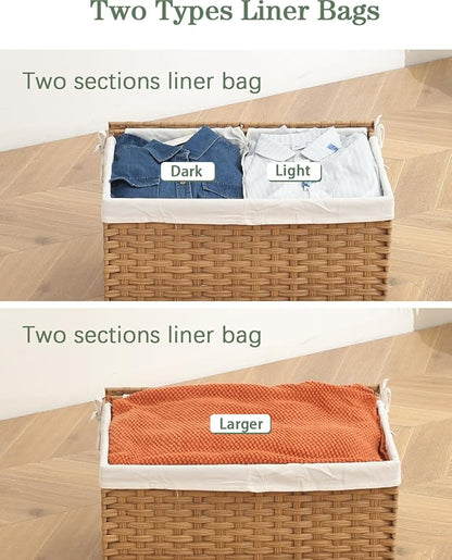 Storage Basket with Lid Wicker Baskets for Storage with 2 Separate Lid 42.3 Gallon (160 L) 29.9 x 17.3 x 18.1 Inches Rattan Woven Large Wicker Basket with 2 Liners for Bedroom Laundry Natural