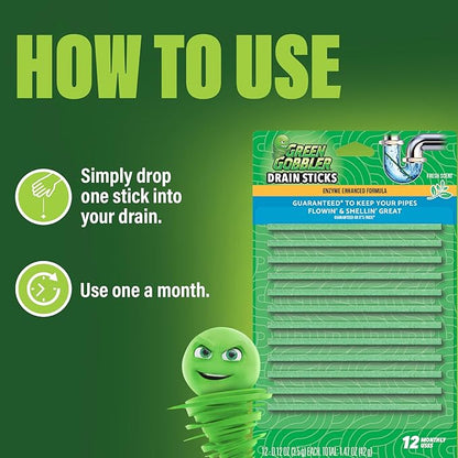 Green Gobbler Drain Cleaner & Deodorizer FRESH SCENT Sticks for Toilet Tanks, Sinks, Bathtub Drains, Washing Machine Drains and Garbage Disposals - 24 Pieces