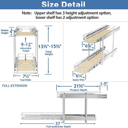 ROOMTEC 2 Tier Individual Pull Out Cabinet Organizer 7½"W x 21½"D, Slide Out Wood Shelves Organizers, Pull Out Drawers Organization and Storage for Kitchen Cabinet