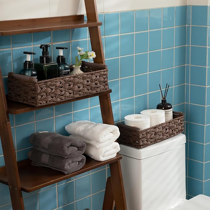 OIAHOMY Toilet Paper Baskets Handmade Paper Rope Decorative Wicker Storage Tank Shelf Cabinet Organizer for Bathroom Home, Set of 2, Brown