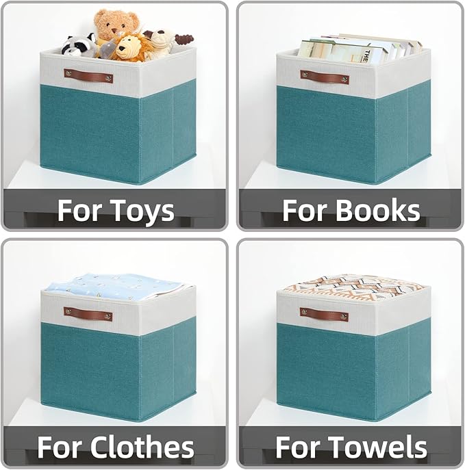 HNZIGE Fabric Storage Bins for Shelves 13x13 Storage Cubes Set Of 4 Foldable Storage Baskets with Handles for Organizing Cloth Closet Toy Nursery(Teal&White)