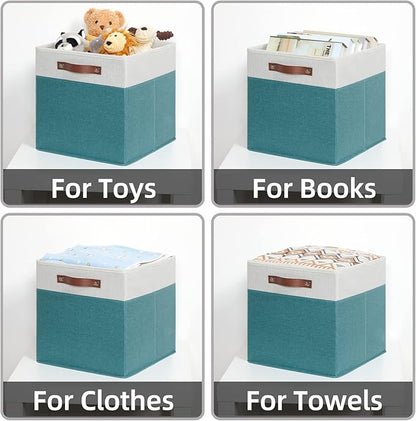 HNZIGE Fabric Storage Bins for Shelves 13x13 Storage Cubes Set Of 4 Foldable Storage Baskets with Handles for Organizing Cloth Closet Toy Nursery(Teal&White)