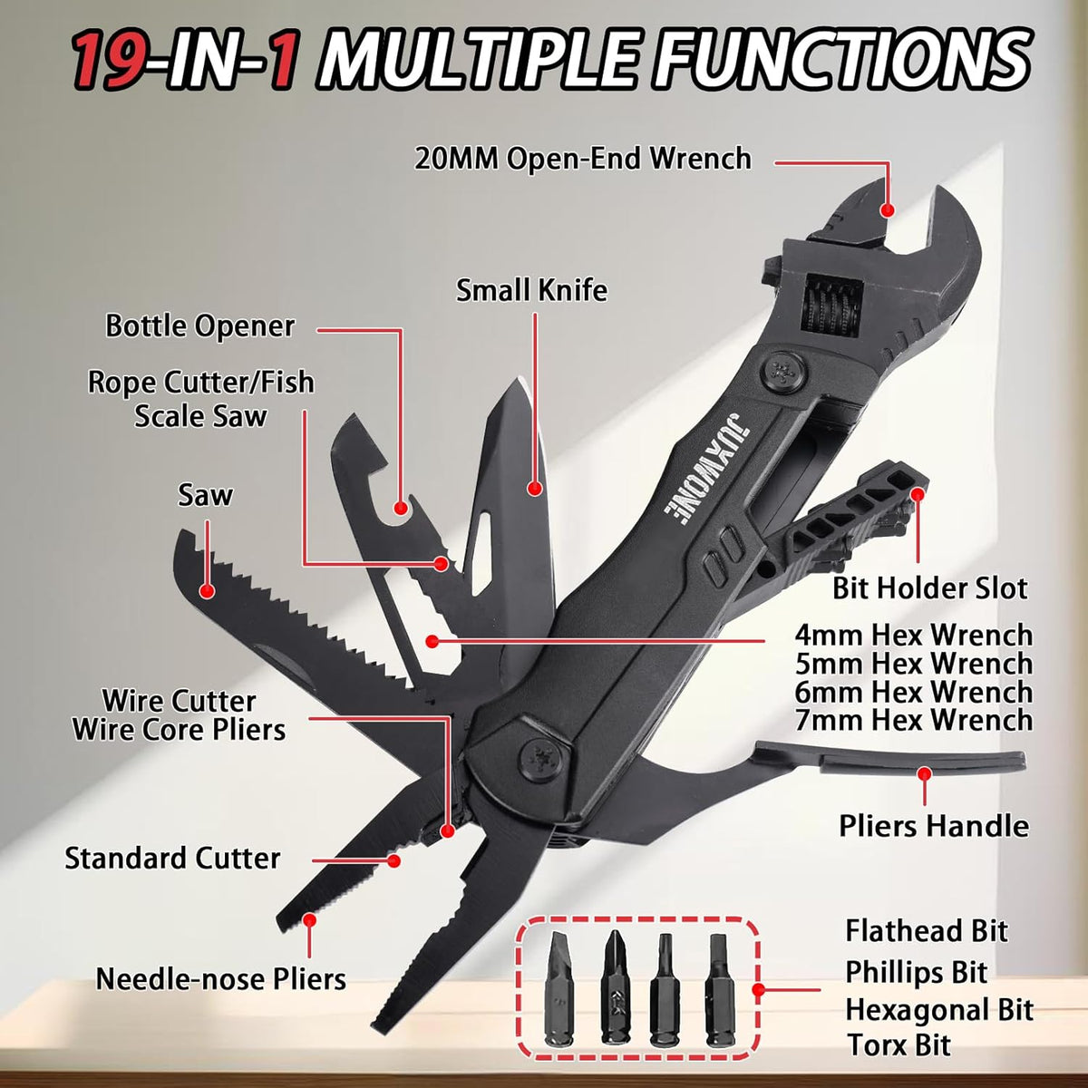 19-in-1 Multitool Wrench – Stainless Steel Adjustable Wrench with Pliers, Knife, Wire Cutter, Saw, Screwdrivers – Compact EDC Pocket Tool for Camping, DIY Repairs, Gift for Men