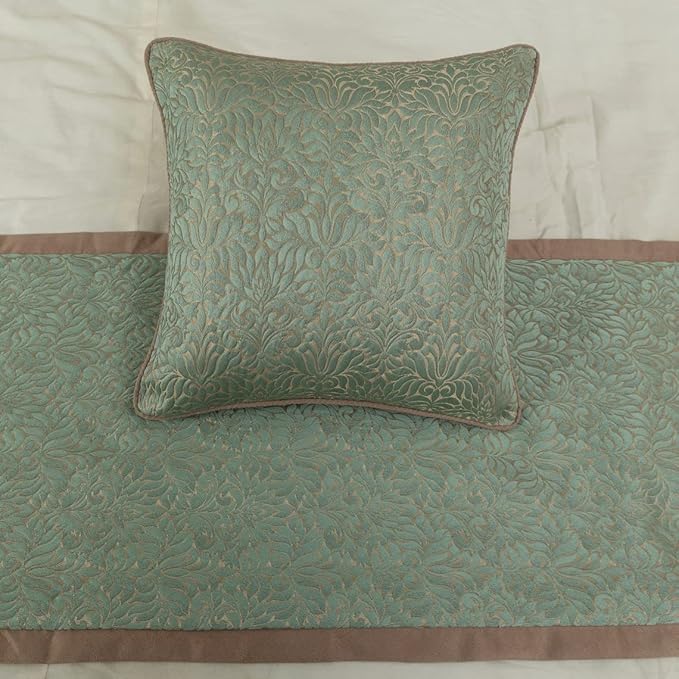 The HomeCentric King/Queen/Twin Blue & Beige Decorative CA King 86"x18" Bed Runner with Pillow Cover, Damask Bed Scarf on Jacquard Fabric - Arabella