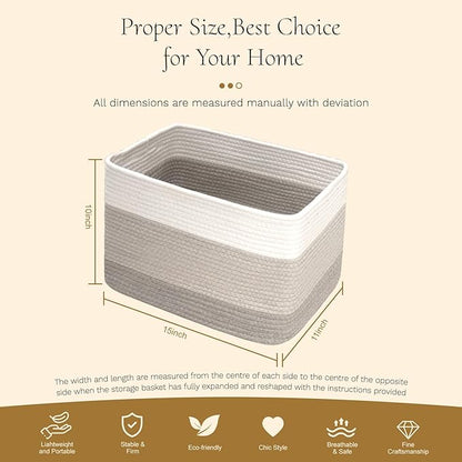 Hopegiver Woven Storage Baskets 15x11x10 Inch, 3 Pack Collapsible Cube Storage Bin for Shelves - Foldable Cotton Rope Organizer Bins for Towels, Toys, Books, Closet, Nursery (White Light-Gray Gray)