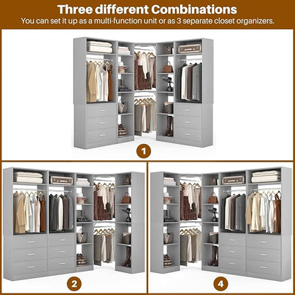 Corner Closet System with 6 Drawers, Closet Organizer System with 14 Shelves & 4 Hanging Rods, 87.2"L * 39.2"W / 63.2"L * 63.2"W Reversible L Shaped Walk-in Closets, Load 2500+LBS, Grey