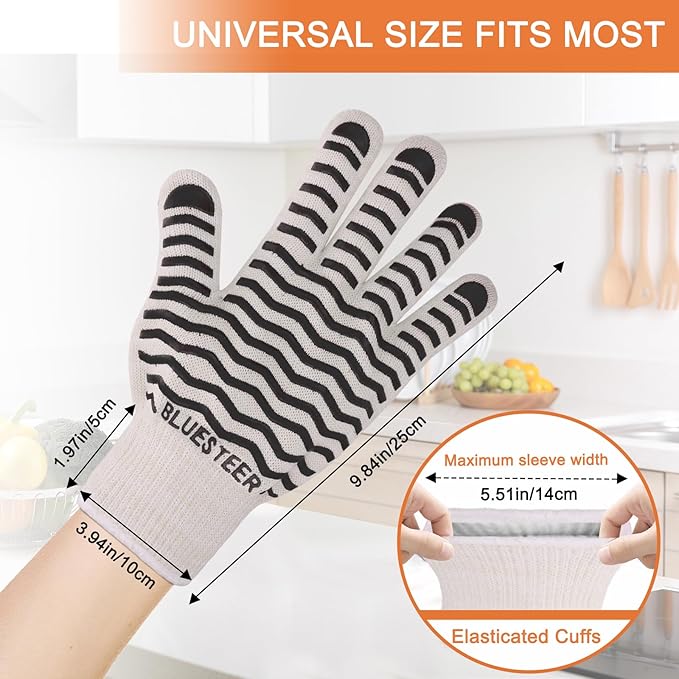 Oven Gloves 932°F Heat Resistant Oven Mitts with Fingers, Heat Proof BBQ Grill Gloves Silicone Grip Fireproof Gloves for Kitchen Cooking Grilling Baking