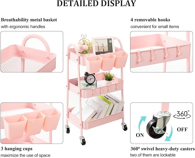 Danpinera 3-Tier Rolling Cart, Metal Storage Cart with Lockable Wheels, Hanging Cups & Hooks, Mobile Trolley for Kitchen, Bathroom, Office, Workshop, Pink