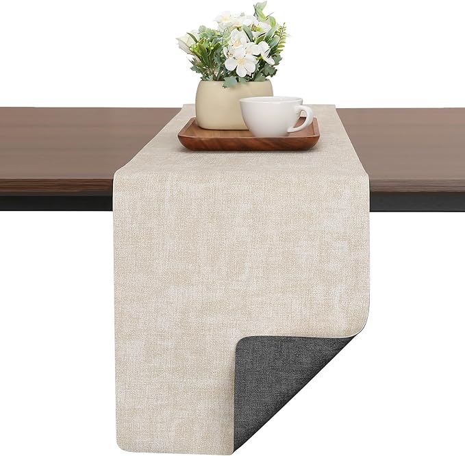 Table Runners 94 Inches Long, Dual-Sided Faux Leather Farmhouse Table Runner Waterproof Heatproof Non-Slip for Living Room Party Home Decor Holiday Decorations(Gray Cream-White, 15 x94 Inch)