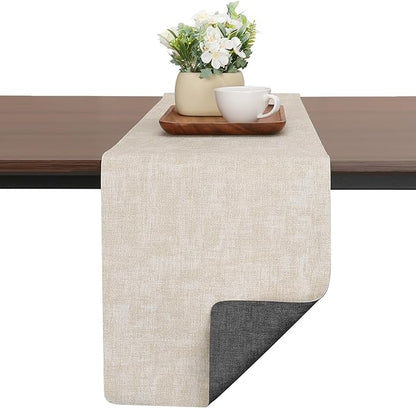 Table Runners 94 Inches Long, Dual-Sided Faux Leather Farmhouse Table Runner Waterproof Heatproof Non-Slip for Living Room Party Home Decor Holiday Decorations(Gray Cream-White, 15 x94 Inch)