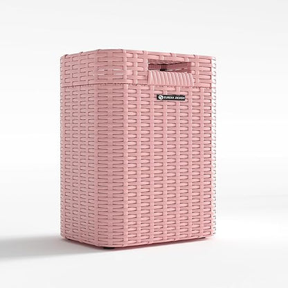Ypati Handwoven 4 Gallon Rattan Trash Can with Lid, Boho Style Decorative Indoor and Outdoor Trash Bin with Shelf, Waste Basket for Bathroom, Patio, Study, with Trash Bags, Macaron Pink, Eureka