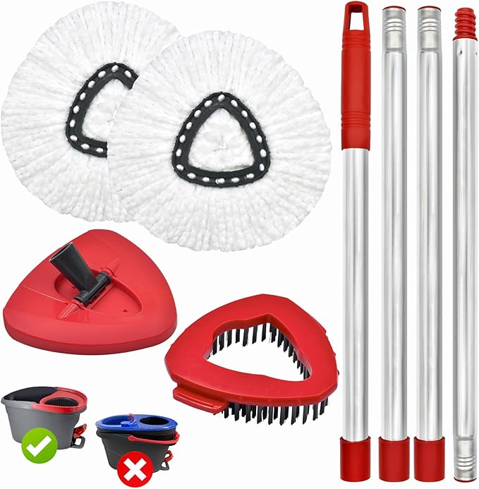 Spin Mop Heads Replacements for O Ceda EasyWring 1-Tank System, 4-Section Stainless Steel Mop Handle, 2 Microfiber Mop Head Refills, 1 Base and 1 Scrub Brush Combo Set for Floor Cleaning