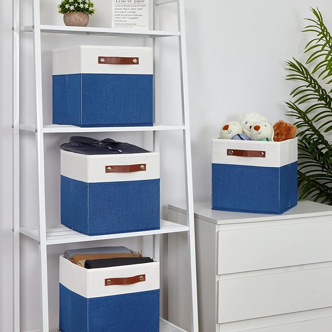 Temary 11 Storage Cube Bins for Shelves, Closet - 4 Pack Fabric Baskets With Leather Handles (White & Blue)