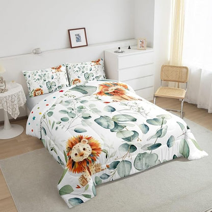 Erosebridal Cute Lion Bedding Twin Size for Kids Child Green Eucalyptus Comforter Set Twin, Woodland Animal Duvet Insert Plant Leaves Quilt Comforter, Cartoon Wildlife Bedding Comforters & Sets