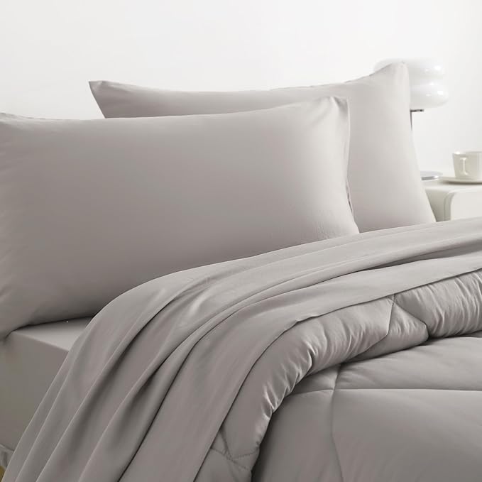 NTBAY Twin Comforter Set with Sheets, 5 Pieces Soft and Breathable Twin Bedding Set, Bed in a Bag, Down Alternative Comforter Set Solid Color All Season, Kids Bedding Set, Smoke Grey
