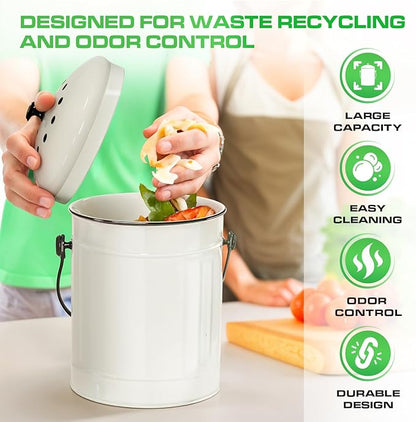 Plexon Countertop Compost Bin Kitchen Indoor with Lid, Off-White 1.5 Gallon Odorless Container, Steel Food Compost Bucket for Kitchen with Charcoal Filter, Compost Pail Countertop