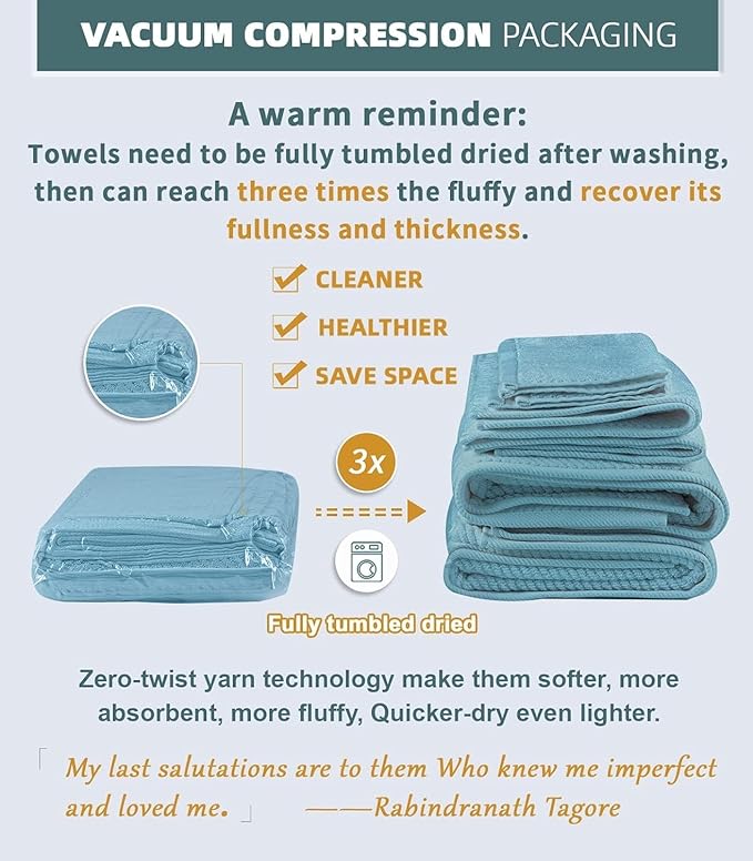 Towels for Bathroom - 100% Cotton | Lightweight | Thick | Soft, Quick Dry Towels, Bath Towel Set of 6 Large, 2 Bath 30"x56", 2 Hand 18"x28", 2 Washcloths 13"x13", Luxury Shower Towel Set, Aqua Teal