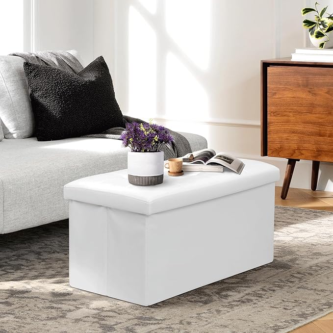 Athena Collection 30" Storage Ottoman Bench Folding Bench with 90L Hidden Storage, Large End of Bed Bench PU Leather Foot Rest Stool Chest with Flipping Lid for Living Room, Bedroom, Entryway, White