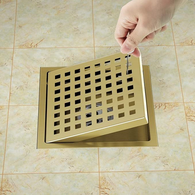 Shower Drain Brushed Gold 6 Inch, Square Floor Drain, Stainless Steel Drain Kit with Flange, Removable Grid Cover, Hair Strainer