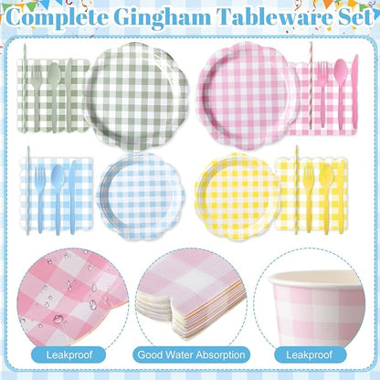 450 Pcs Gingham Tableware Set Decorations, Serves 50 | Pastel Plaid Paper