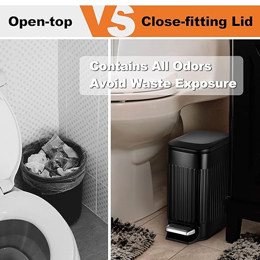 TrashAid Small Black Bathroom Trash Can with Lid Soft Close, 6 Liter / 1.6 Gallon, Stainless Steel Garbage Can with Removable Inner Bucket, Step Pedal, Slim Wastebasket for Toilet, Office, Bedroom