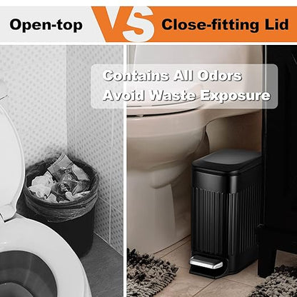 TrashAid Small Black Bathroom Trash Can with Lid Soft Close, 6 Liter / 1.6 Gallon, Stainless Steel Garbage Can with Removable Inner Bucket, Step Pedal, Slim Wastebasket for Toilet, Office, Bedroom