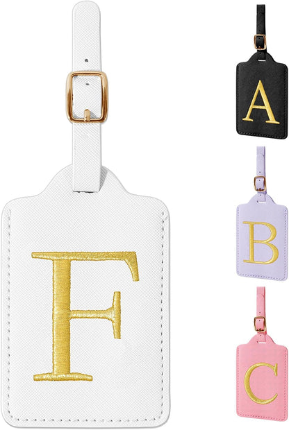 Personalized Initial Luggage Tags for Suitcase TSA Approved, White Leather Cute Luggage Tag with Privacy Cover Name Card, Embroidered Custom Luggage Tags Travel Baggage Tags Gifts for Women Kids(F)