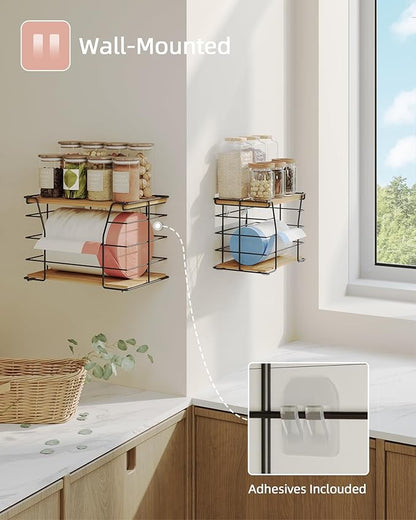 2 Pack Trash Bag Holder/Dispenser, Stackable Storage Laundry Kitchen Organizers for Countertop Organization, Wall Mount Garbage Bag Dispenser with wooden Top, No Drill
