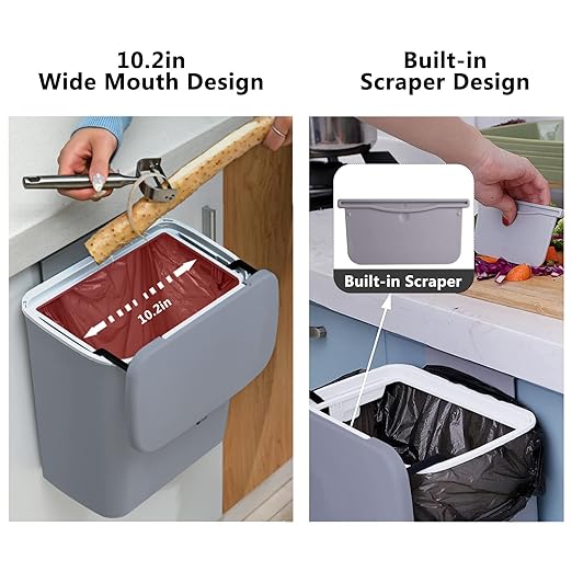 TOPROAD Kitchen Hanging Trash Can, 2.4 Gallon Wall Mounted Counter Waste Compost Bin, Small Garbage Can with Lid for Cupboard/Bathroom/Bedroom/Office/Camping/Under Sink(Grey)