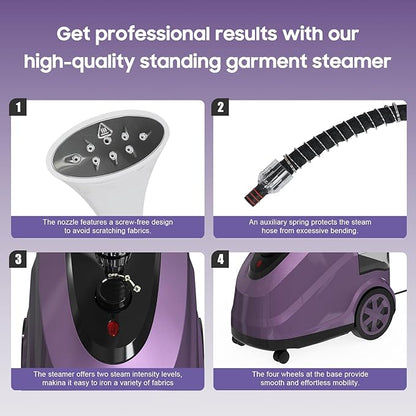 X-Large 3.8L Water Tank Steamer for Clothes, 1500W Powerful Standing Garment Steamer, 90 Mins Continuous Steaming, 45s Fast Heat-Up, Wheels for Easy Movement