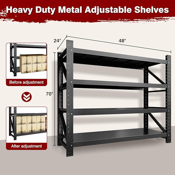 3000LBS Metal Steel Storage Shelves - 48" W Black 4 Tier Heavy Duty Rack Commercial Industrial Shelving with Adjustable Shelf for Basement Garage Warehouse Supermarket - 48" W x 24" D x 70" H