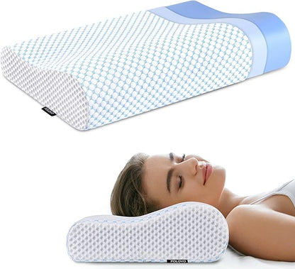 Memory Foam Pillows Neck Pillow for Pain Relief, Ergonomic Cervical Pillow Neck Shoulder Support Bed Pillow for Side Back Stomach Sleeper, Orthopedic Contour Pillow for Sleeping(Blue&White)