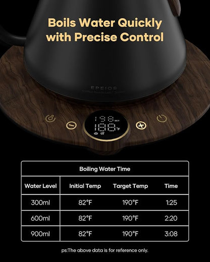 Cocinare FLOW B9 Gooseneck Electric Kettle, Precise Temperature Control for Pour-Over Coffee & Tea Brewing, Stainless Steel Interior, Rapid Heating for Boiling Water 1500W/0.9L (Obsidian Black)