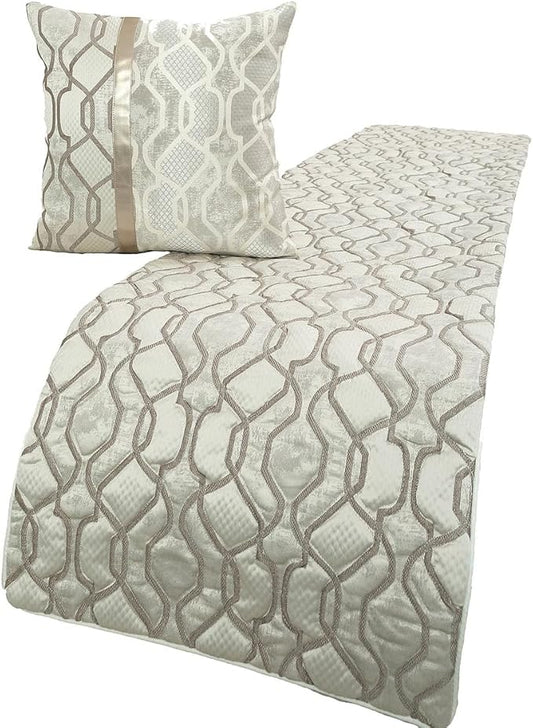 The HomeCentric King/Queen/Twin Ivory & Silver Decorative King 90"x18" Bed Runner with Pillow Cover, Lattice & Quilted Bed Scarf on Jacquard Silk Fabric - Ivory Delicacy