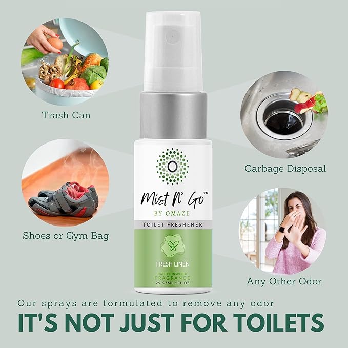 Mist N' Go by Omaze Travel Bathroom Spray - Toilet Odor Eliminator & Air Freshener - Fresh Linen (1oz)
