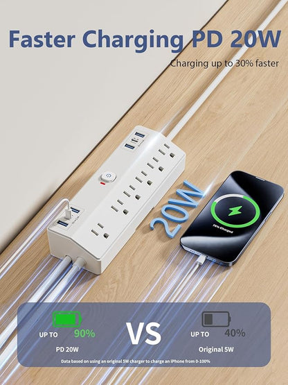 Desk Clamp Power Strip, 40W Fast Charging Station, Desktop Mount Surge Protect with 6 Outlets 6USB Ports (2USB C), Removable Power Strip Fits 1.8" Tabletop Edge, 10Ft Extension Cord for Home Office