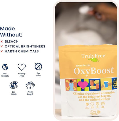 Truly Free OxyBoost - Oxygen Stain Remover Powder for Laundry | Color Safe Stain Remover for Clothes | Chlorine-Free Whitener for Whites & Colors | Oxy Cleaner with Sodium Percarbonate (12.5oz)