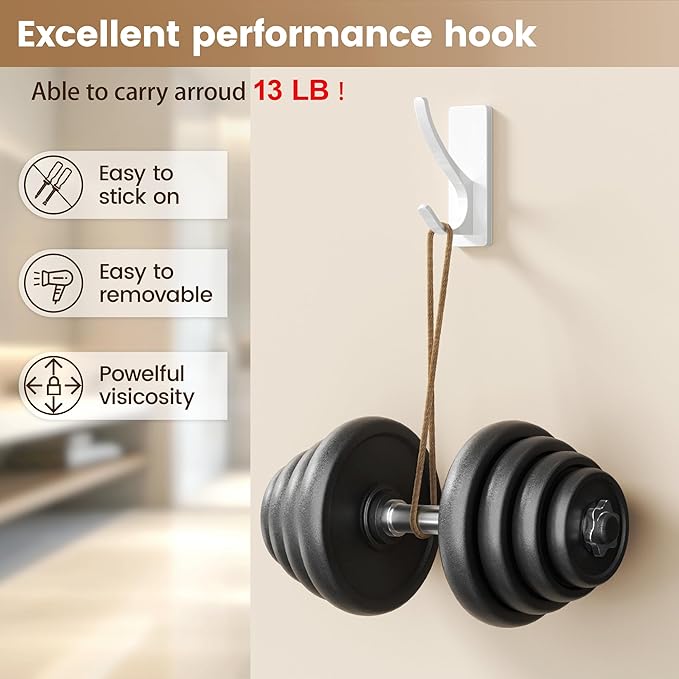 Self Adhesive Coat Hooks for Hanging, Heavy Duty Stainless Double Wall Hook for Towel, Backpack, Hat, Sturdy Metal Hanger for Bathroom, Bedroom, Door, Wall Mounted, 6 Pack, White