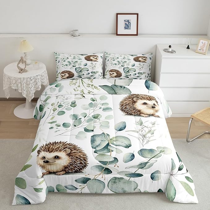 Erosebridal Cute Hedgehog Toddler Comforter Set for Kids Child Green Eucalyptus Bedding Set, Woodland Animal Bedding Comforter Sets Plant Leaves Duvet Set, Cartoon Wildlife Quilted Comforter