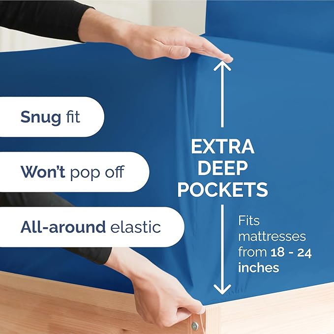 Extra Deep Pocket Split King Sheets - 5 Piece Breathable & Cooling Bed Sheets - Hotel Luxury Bed Sheet Set - Soft, Wrinkle Free & Comfy - Easily Fits Extra Deep Mattresses - Royal Blue Sheets Set