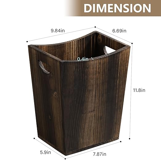 SEHERTIWY Wood Trash Can, Farmhouse Wastebasket Bin for Bathroom, Office, Bedroom, Living Room, Small Square Rustic Garbage Container (Wood-Brown)