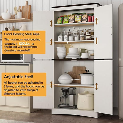 71in Farmhouse Kitchen Pantry Cabinet,Tall Storage Cabinet with 4 Doors and Adjustable shelves,with Load-Bearing Steel Pipe,Wood Storage Cabinets for Kitchen,Dining Room,Bathroom(White)