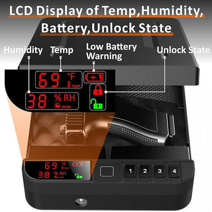 Portable Gun Pistol Safe with LCD Display of Temp,Humidity,Biometric Fingerprint,Keypad Lock,Key,Biometric Handgun Safe for Travel/Home/Car/Nightstand Beside (Black)
