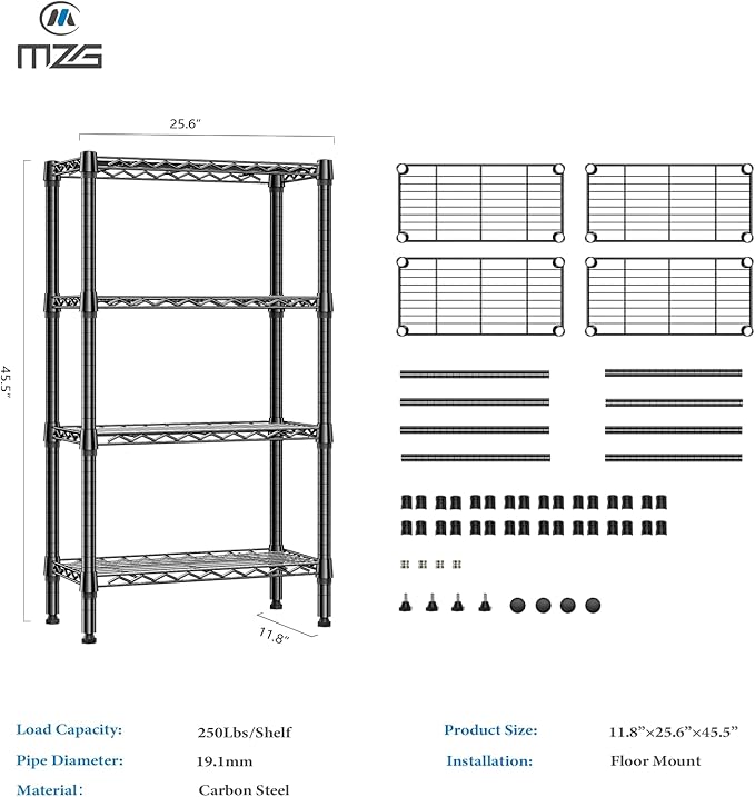 1000 lbs 4 Tier Shelf Metal Storage Shelves Wire Rack Closet Organizers for Garage Kitchen Bathroom Laundry Black 11.8" D x 25.6" W x 45.5" H