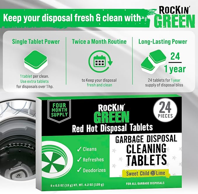 Rockin' Green Deep Cleaning and Deodorizing Tablets for Dishwashers, Washing Machines, and Garbage Disposals, Removes Odor and Residue (Garbage Disposal Cleaning Tablets, 24 Pack)