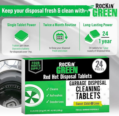 Rockin' Green Deep Cleaning and Deodorizing Tablets for Dishwashers, Washing Machines, and Garbage Disposals, Removes Odor and Residue (Garbage Disposal Cleaning Tablets, 24 Pack)
